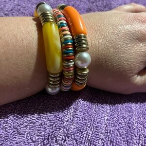 Multicolor Bead & Pearl Stretch Bracelet Set - Yellow & Orange Accents